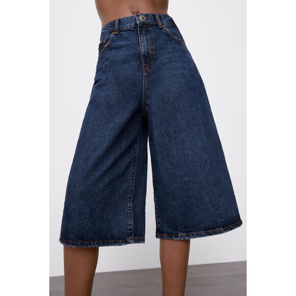 Denim Zara 70s Bermuda Cropped Wide Leg Culottes Jeans (NWT) - Picture 2 of 9